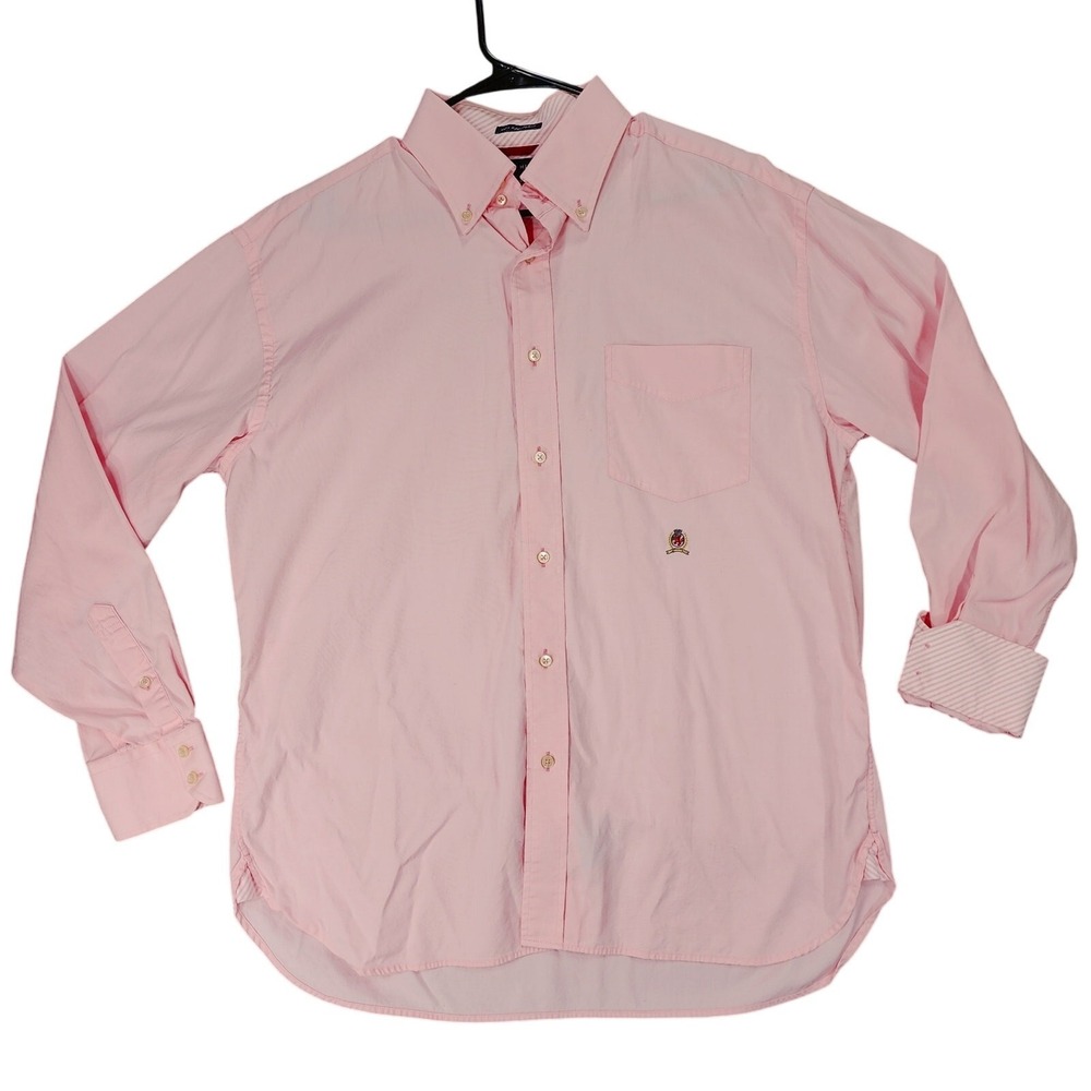 Vtg Tommy Hilfiger Button Down Shirt L Men Pink 80s 2Ply Stripe Flip Cuff Preppy